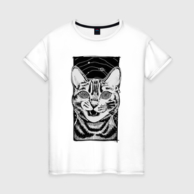 Женская футболка хлопок с принтом Полосатый кот космос зомби в Санкт-Петербурге, 100% хлопок | прямой крой, круглый вырез горловины, длина до линии бедер, слегка спущенное плечо | 