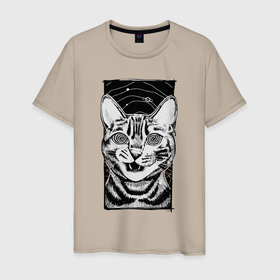 Мужская футболка хлопок с принтом Полосатый кот космос зомби , 100% хлопок | прямой крой, круглый вырез горловины, длина до линии бедер, слегка спущенное плечо. | 