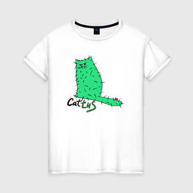 Женская футболка хлопок с принтом Cattus   кот кактус в Кировске, 100% хлопок | прямой крой, круглый вырез горловины, длина до линии бедер, слегка спущенное плечо | Тематика изображения на принте: 