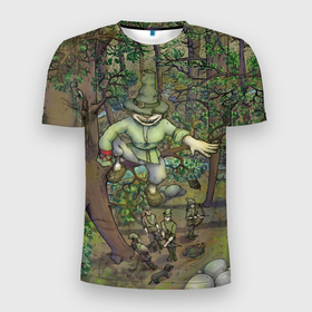 Мужская футболка 3D Slim с принтом Леший озорник в лесу в Тюмени, 100% полиэстер с улучшенными характеристиками | приталенный силуэт, круглая горловина, широкие плечи, сужается к линии бедра | Тематика изображения на принте: 