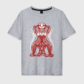Мужская футболка хлопок Oversize с принтом Пермский звериный стиль трехликое божество в Новосибирске, 100% хлопок | свободный крой, круглый ворот, “спинка” длиннее передней части | 