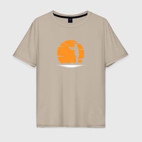 Мужская футболка хлопок Oversize с принтом Рыбалка минимализм в Белгороде, 100% хлопок | свободный крой, круглый ворот, “спинка” длиннее передней части | 