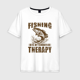 Мужская футболка хлопок Oversize с принтом Рыбалка это моя терапия в Тюмени, 100% хлопок | свободный крой, круглый ворот, “спинка” длиннее передней части | Тематика изображения на принте: 