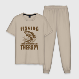 Мужская пижама хлопок с принтом Рыбалка это моя терапия , 100% хлопок | брюки и футболка прямого кроя, без карманов, на брюках мягкая резинка на поясе и по низу штанин
 | 