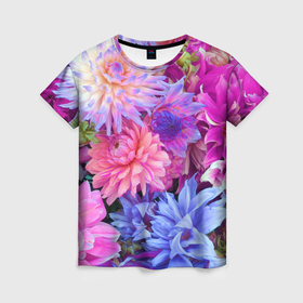 Женская футболка 3D с принтом Разноцветные цветы в Новосибирске, 100% полиэфир ( синтетическое хлопкоподобное полотно) | прямой крой, круглый вырез горловины, длина до линии бедер | 