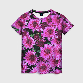 Женская футболка 3D с принтом Темно розовые астры , 100% полиэфир ( синтетическое хлопкоподобное полотно) | прямой крой, круглый вырез горловины, длина до линии бедер | 