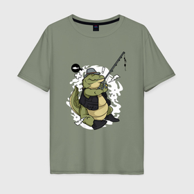 Мужская футболка хлопок Oversize с принтом Крокодил на рыбалке в Тюмени, 100% хлопок | свободный крой, круглый ворот, “спинка” длиннее передней части | Тематика изображения на принте: 