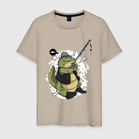 Мужская футболка хлопок с принтом Крокодил на рыбалке , 100% хлопок | прямой крой, круглый вырез горловины, длина до линии бедер, слегка спущенное плечо. | 