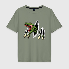 Мужская футболка хлопок Oversize с принтом Динозавр разрывает одежду в Екатеринбурге, 100% хлопок | свободный крой, круглый ворот, “спинка” длиннее передней части | 