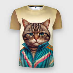 Мужская футболка 3D Slim с принтом Грустный кот в спортивном костюме в Белгороде, 100% полиэстер с улучшенными характеристиками | приталенный силуэт, круглая горловина, широкие плечи, сужается к линии бедра | 