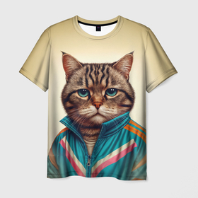 Мужская футболка 3D с принтом Грустный кот в спортивном костюме в Петрозаводске, 100% полиэфир | прямой крой, круглый вырез горловины, длина до линии бедер | 