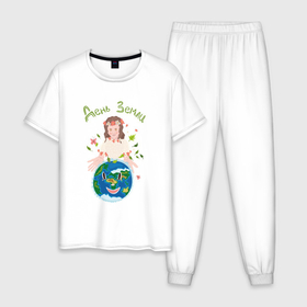 Мужская пижама хлопок с принтом Девушка   земля с надписью день земли в Санкт-Петербурге, 100% хлопок | брюки и футболка прямого кроя, без карманов, на брюках мягкая резинка на поясе и по низу штанин
 | 