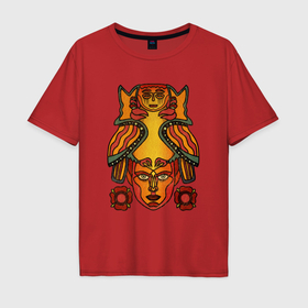 Мужская футболка хлопок Oversize с принтом Пермский звериный стиль божество и птицы в Новосибирске, 100% хлопок | свободный крой, круглый ворот, “спинка” длиннее передней части | 