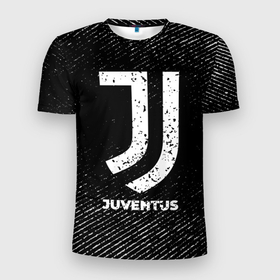 Мужская футболка 3D Slim с принтом Juventus с потертостями на темном фоне в Петрозаводске, 100% полиэстер с улучшенными характеристиками | приталенный силуэт, круглая горловина, широкие плечи, сужается к линии бедра | 