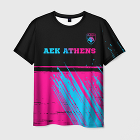 Мужская футболка 3D с принтом AEK Athens   neon gradient посередине , 100% полиэфир | прямой крой, круглый вырез горловины, длина до линии бедер | 