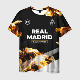 Мужская футболка 3D с принтом Real Madrid legendary sport fire , 100% полиэфир | прямой крой, круглый вырез горловины, длина до линии бедер | 