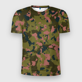 Мужская футболка 3D Slim с принтом Камуфляжный паттерн зеленый с розовыми пятнами в Новосибирске, 100% полиэстер с улучшенными характеристиками | приталенный силуэт, круглая горловина, широкие плечи, сужается к линии бедра | 
