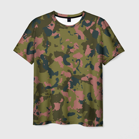 Мужская футболка 3D с принтом Камуфляжный паттерн зеленый с розовыми пятнами в Кировске, 100% полиэфир | прямой крой, круглый вырез горловины, длина до линии бедер | 
