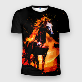 Мужская футболка 3D Slim с принтом Огненный конь в Петрозаводске, 100% полиэстер с улучшенными характеристиками | приталенный силуэт, круглая горловина, широкие плечи, сужается к линии бедра | 