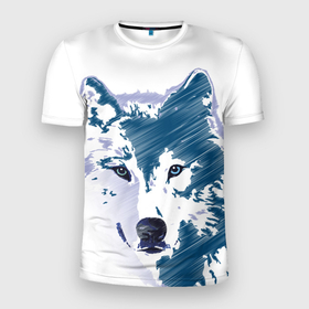 Мужская футболка 3D Slim с принтом Волк темно синий в Курске, 100% полиэстер с улучшенными характеристиками | приталенный силуэт, круглая горловина, широкие плечи, сужается к линии бедра | 