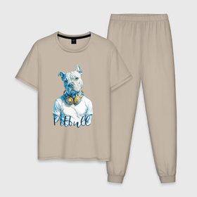 Мужская пижама хлопок с принтом Питбуль с наушниками , 100% хлопок | брюки и футболка прямого кроя, без карманов, на брюках мягкая резинка на поясе и по низу штанин
 | 