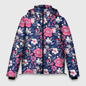 Мужская зимняя куртка 3D с принтом Розовые и белые цветы в Тюмени, верх — 100% полиэстер; подкладка — 100% полиэстер; утеплитель — 100% полиэстер | длина ниже бедра, свободный силуэт Оверсайз. Есть воротник-стойка, отстегивающийся капюшон и ветрозащитная планка. 

Боковые карманы с листочкой на кнопках и внутренний карман на молнии. | Тематика изображения на принте: 
