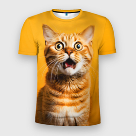 Мужская футболка 3D Slim с принтом Рыжий кот в замешательстве в Петрозаводске, 100% полиэстер с улучшенными характеристиками | приталенный силуэт, круглая горловина, широкие плечи, сужается к линии бедра | Тематика изображения на принте: 