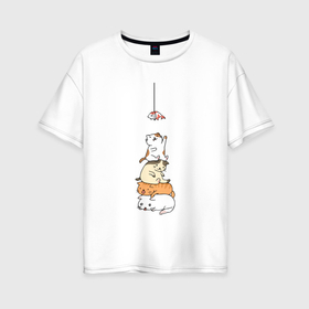 Женская футболка хлопок Oversize с принтом Котята и рыба в Курске, 100% хлопок | свободный крой, круглый ворот, спущенный рукав, длина до линии бедер
 | 