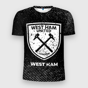 Мужская футболка 3D Slim с принтом West Ham с потертостями на темном фоне в Тюмени, 100% полиэстер с улучшенными характеристиками | приталенный силуэт, круглая горловина, широкие плечи, сужается к линии бедра | Тематика изображения на принте: 