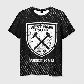 Мужская футболка 3D с принтом West Ham с потертостями на темном фоне в Кировске, 100% полиэфир | прямой крой, круглый вырез горловины, длина до линии бедер | 