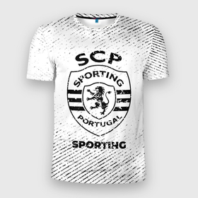 Мужская футболка 3D Slim с принтом Sporting с потертостями на светлом фоне в Петрозаводске, 100% полиэстер с улучшенными характеристиками | приталенный силуэт, круглая горловина, широкие плечи, сужается к линии бедра | 