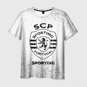 Мужская футболка 3D с принтом Sporting с потертостями на светлом фоне в Тюмени, 100% полиэфир | прямой крой, круглый вырез горловины, длина до линии бедер | Тематика изображения на принте: 