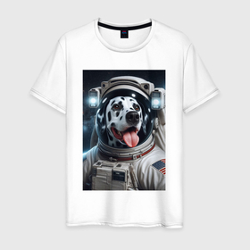Мужская футболка хлопок с принтом Космонавт далматинец в скафандре   нейросеть в Санкт-Петербурге, 100% хлопок | прямой крой, круглый вырез горловины, длина до линии бедер, слегка спущенное плечо. | 