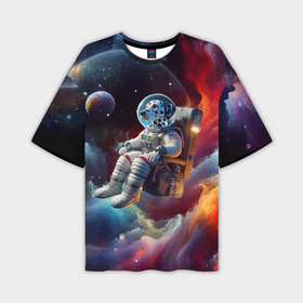 Мужская футболка oversize 3D с принтом Космонавт далматинец в неоновой галактике в Кировске,  |  | 