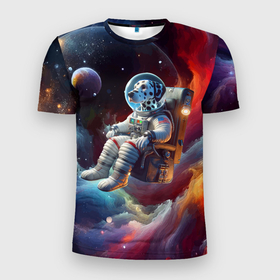 Мужская футболка 3D Slim с принтом Космонавт далматинец в неоновой галактике в Новосибирске, 100% полиэстер с улучшенными характеристиками | приталенный силуэт, круглая горловина, широкие плечи, сужается к линии бедра | 