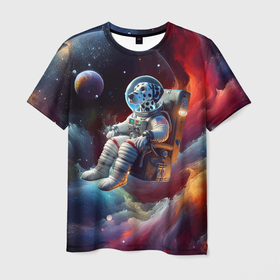 Мужская футболка 3D с принтом Космонавт далматинец в неоновой галактике в Кировске, 100% полиэфир | прямой крой, круглый вырез горловины, длина до линии бедер | 