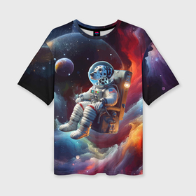 Женская футболка oversize 3D с принтом Космонавт далматинец в неоновой галактике в Новосибирске,  |  | 