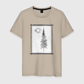Мужская футболка хлопок с принтом Дерево и луна в облаках в Новосибирске, 100% хлопок | прямой крой, круглый вырез горловины, длина до линии бедер, слегка спущенное плечо. | Тематика изображения на принте: 