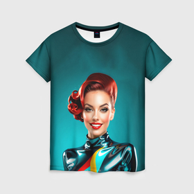 Женская футболка 3D с принтом Девушка в разноцветном костюме в Белгороде, 100% полиэфир ( синтетическое хлопкоподобное полотно) | прямой крой, круглый вырез горловины, длина до линии бедер | 