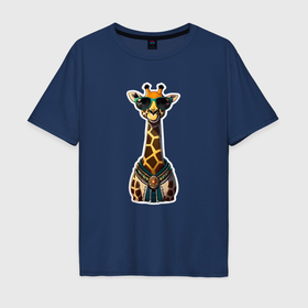 Мужская футболка хлопок Oversize с принтом Милый жираф в очках , 100% хлопок | свободный крой, круглый ворот, “спинка” длиннее передней части | 
