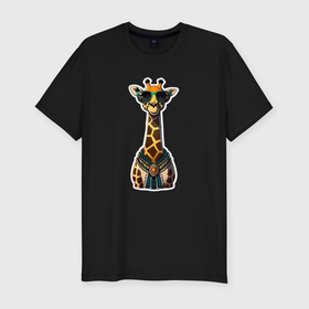 Мужская футболка хлопок Slim с принтом Милый жираф в очках , 92% хлопок, 8% лайкра | приталенный силуэт, круглый вырез ворота, длина до линии бедра, короткий рукав | 