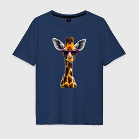 Мужская футболка хлопок Oversize с принтом Милый жираф в очках , 100% хлопок | свободный крой, круглый ворот, “спинка” длиннее передней части | 