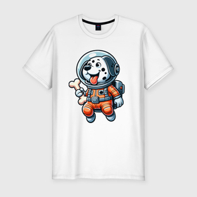 Мужская футболка хлопок Slim с принтом Dalmatian cosmonaut puppy with a bone , 92% хлопок, 8% лайкра | приталенный силуэт, круглый вырез ворота, длина до линии бедра, короткий рукав | 