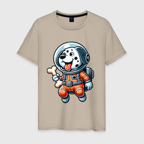 Мужская футболка хлопок с принтом Dalmatian cosmonaut puppy with a bone в Санкт-Петербурге, 100% хлопок | прямой крой, круглый вырез горловины, длина до линии бедер, слегка спущенное плечо. | 
