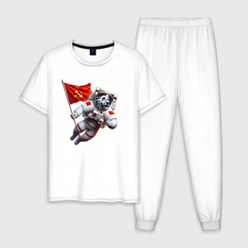 Мужская пижама хлопок с принтом Далматинец космонавт с красным флагом СССР в Петрозаводске, 100% хлопок | брюки и футболка прямого кроя, без карманов, на брюках мягкая резинка на поясе и по низу штанин
 | 