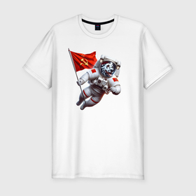Мужская футболка хлопок Slim с принтом Далматинец космонавт с красным флагом СССР в Новосибирске, 92% хлопок, 8% лайкра | приталенный силуэт, круглый вырез ворота, длина до линии бедра, короткий рукав | 