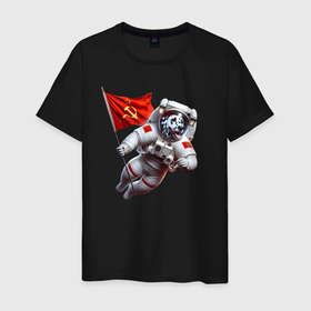 Мужская футболка хлопок с принтом Далматинец космонавт с красным флагом СССР в Новосибирске, 100% хлопок | прямой крой, круглый вырез горловины, длина до линии бедер, слегка спущенное плечо. | 