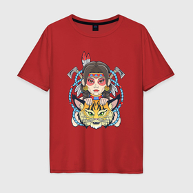 Мужская футболка хлопок Oversize с принтом Девушка индеец и рысь в Курске, 100% хлопок | свободный крой, круглый ворот, “спинка” длиннее передней части | 