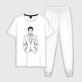 Мужская пижама хлопок с принтом Джентельмен в костюме в Новосибирске, 100% хлопок | брюки и футболка прямого кроя, без карманов, на брюках мягкая резинка на поясе и по низу штанин
 | 