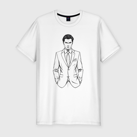 Мужская футболка хлопок Slim с принтом Джентельмен в костюме в Новосибирске, 92% хлопок, 8% лайкра | приталенный силуэт, круглый вырез ворота, длина до линии бедра, короткий рукав | 
